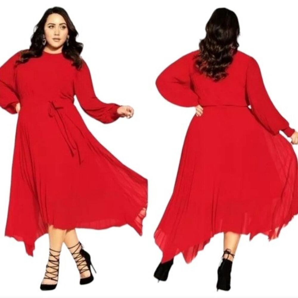 City Chic Natalie Pleated Handkerchief Hem Long Sleeve Midi Dress in Crimson Red